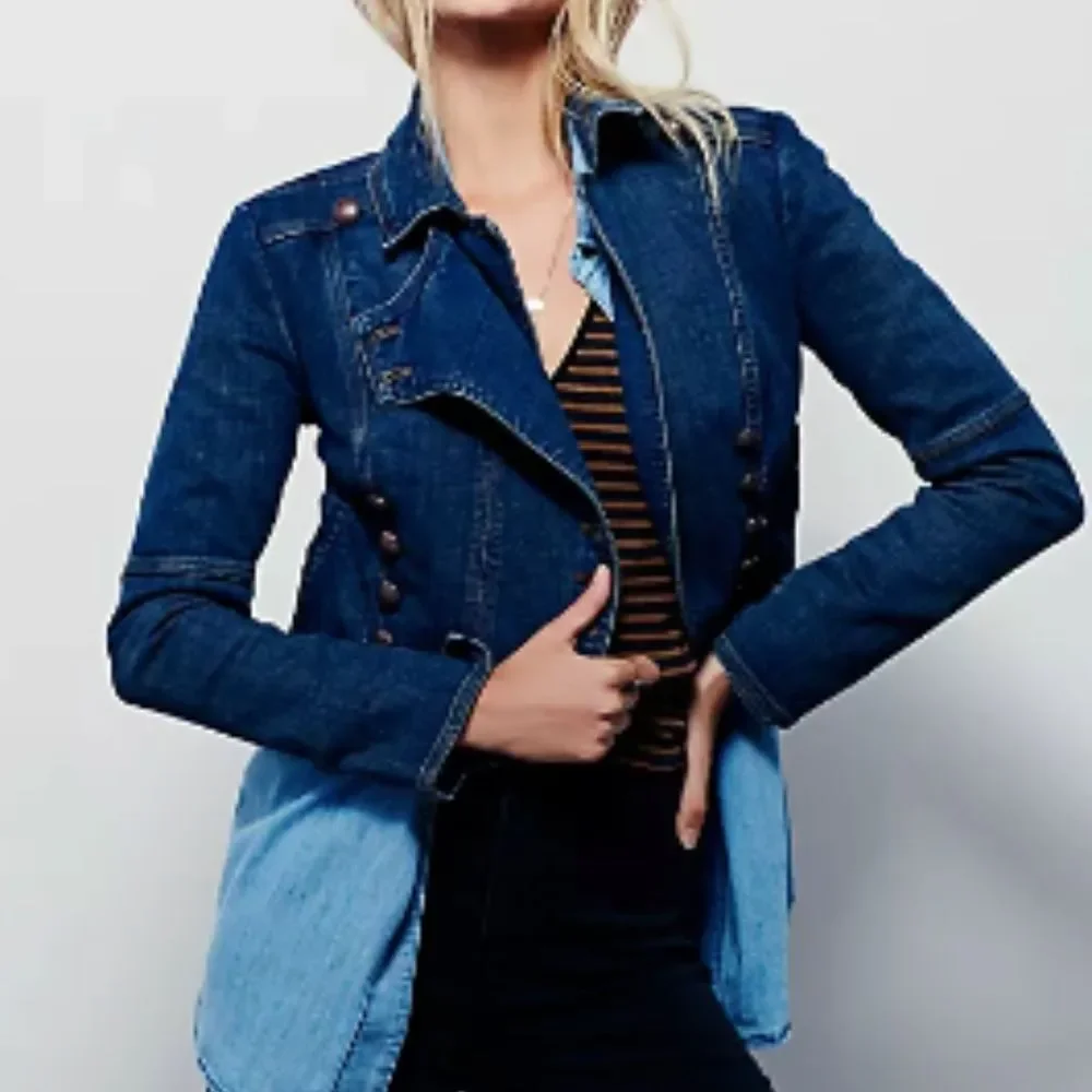 Free People Vintage Blue Long Sleeve Button Denim Military Band Jacket Size M - Picture 3 of 10